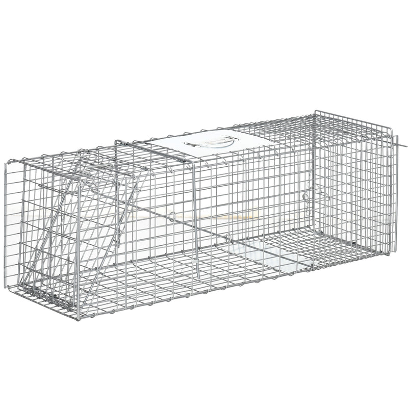 Armadilha para Animais Vivos Dobrável 93x31x34,5 cm Gaiola de Captura com Porta e Alça para Coelhos Roedores Prata