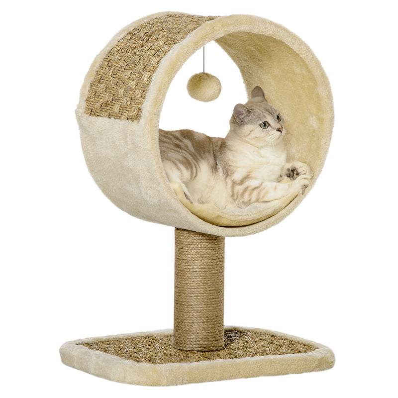 Árvore Arranhador para Gatos com Túnel Superior Poste Arranhador de Juta Natural Almofada Removível e Brinquedo Suspenso 40x30x56cm Bege