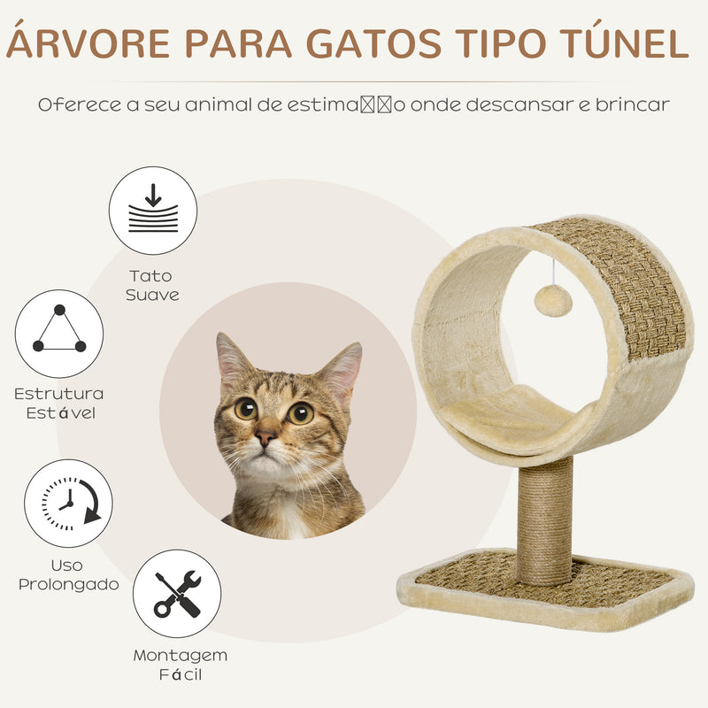 Árvore Arranhador para Gatos com Túnel Superior Poste Arranhador de Juta Natural Almofada Removível e Brinquedo Suspenso 40x30x56cm Bege