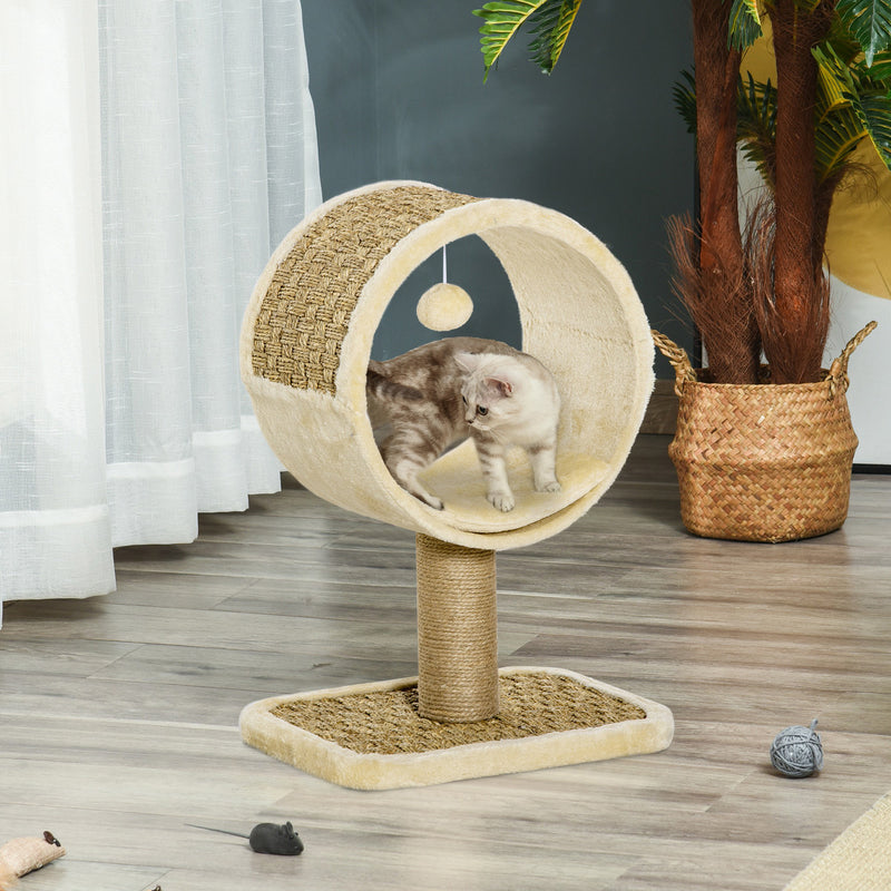 Árvore Arranhador para Gatos com Túnel Superior Poste Arranhador de Juta Natural Almofada Removível e Brinquedo Suspenso 40x30x56cm Bege