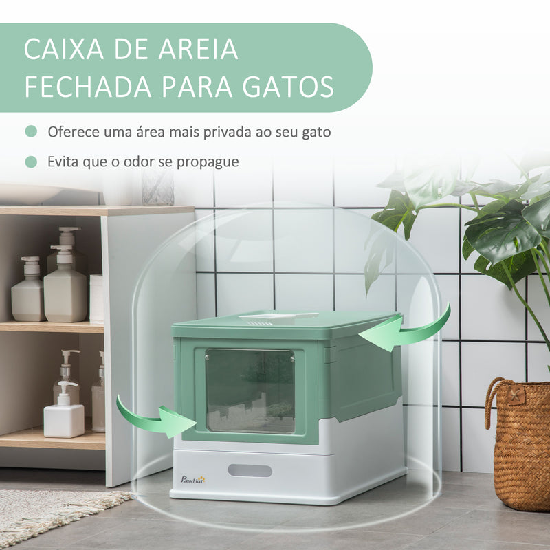 Caixa de Areia para Gatos Dobrável Caixa de Areia para Gatos Fechada com Cobertura Desmontável Bandeja Removível Teto Rebatível Porta de Entrada e Pá 47,5x35,5x36,7cm Verde