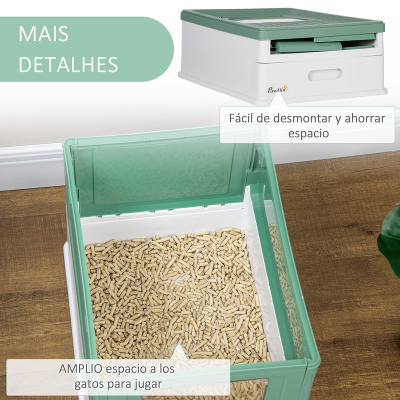 Caixa de Areia para Gatos Dobrável Caixa de Areia para Gatos Fechada com Cobertura Desmontável Bandeja Removível Teto Rebatível Porta de Entrada e Pá 47,5x35,5x36,7cm Verde