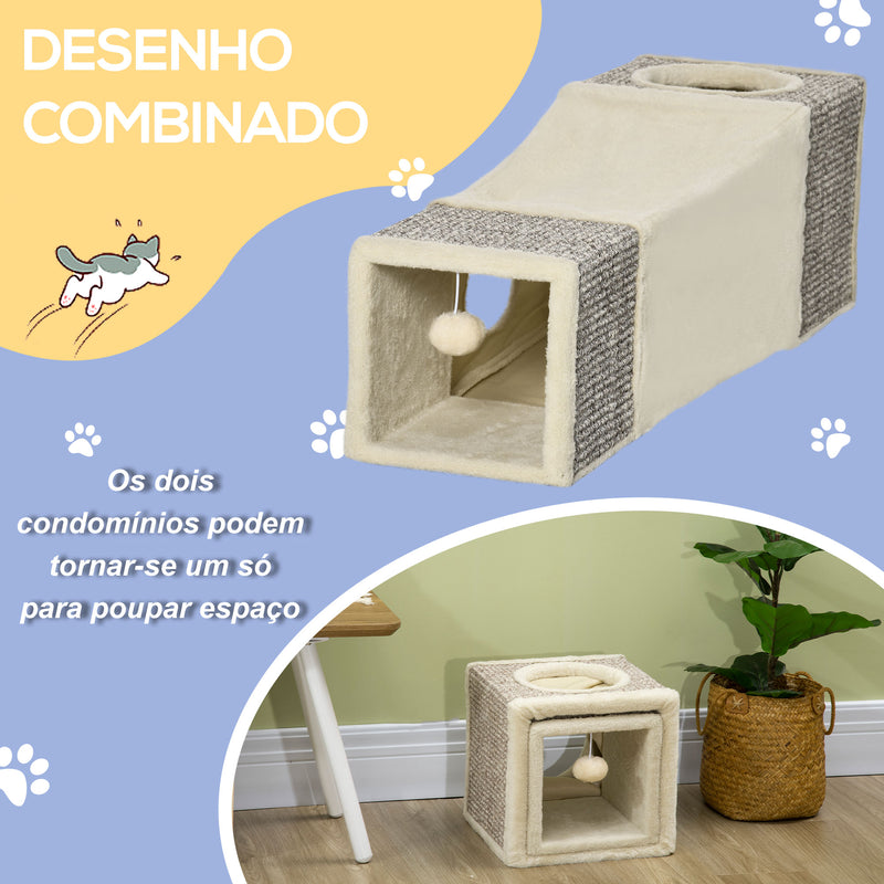 Túnel para Gatos com Bola Supensa Túnel para Gatos Dobrável com Múltiplas Entradas Caverna de Sisal 98x30x30 cm Creme e Cinza