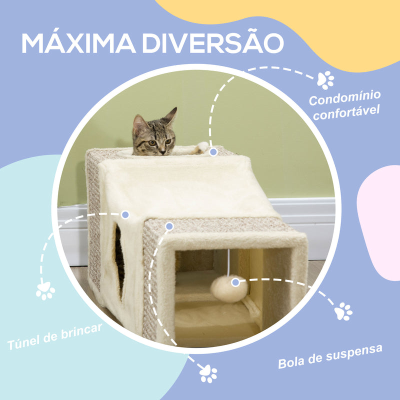 Túnel para Gatos com Bola Supensa Túnel para Gatos Dobrável com Múltiplas Entradas Caverna de Sisal 98x30x30 cm Creme e Cinza