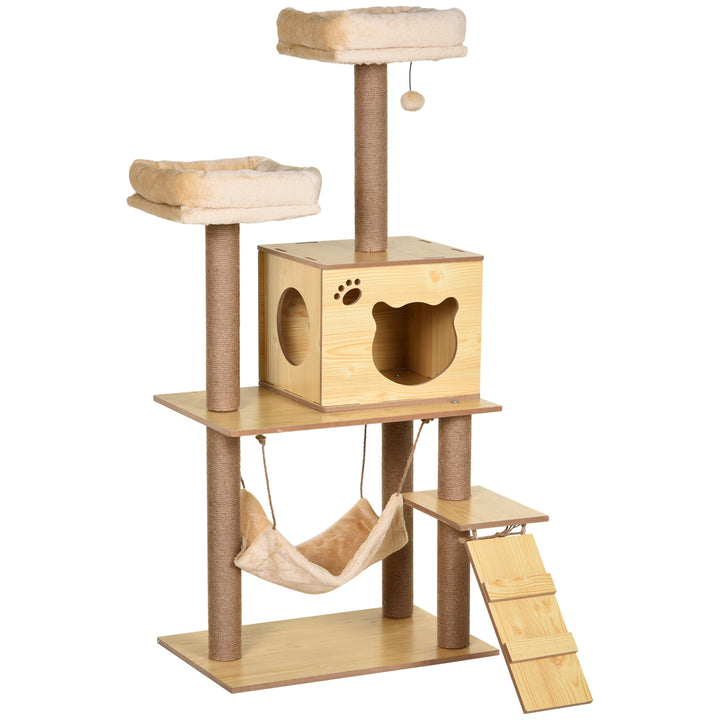Arranhador para Gatos Altura 130 cm Torre para Gatos com Poste de Arranhar de Juta 2 Camas Rede Caverna Bola Suspensa Rede e Rampa 60x40x130 cm Madeira