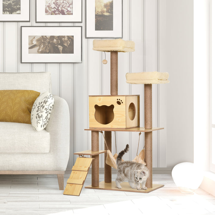 Arranhador para Gatos Altura 130 cm Torre para Gatos com Poste de Arranhar de Juta 2 Camas Rede Caverna Bola Suspensa Rede e Rampa 60x40x130 cm Madeira