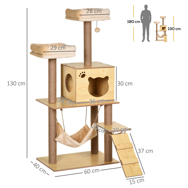 Arranhador para Gatos Altura 130 cm Torre para Gatos com Poste de Arranhar de Juta 2 Camas Rede Caverna Bola Suspensa Rede e Rampa 60x40x130 cm Madeira