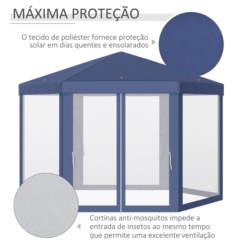 Tenda Hexagonal Tenda de Jardim com Rede Mosquiteira Portas com Zíper e Orifícios de Drenagem para Exterior Varanda 197x250 cm Azul