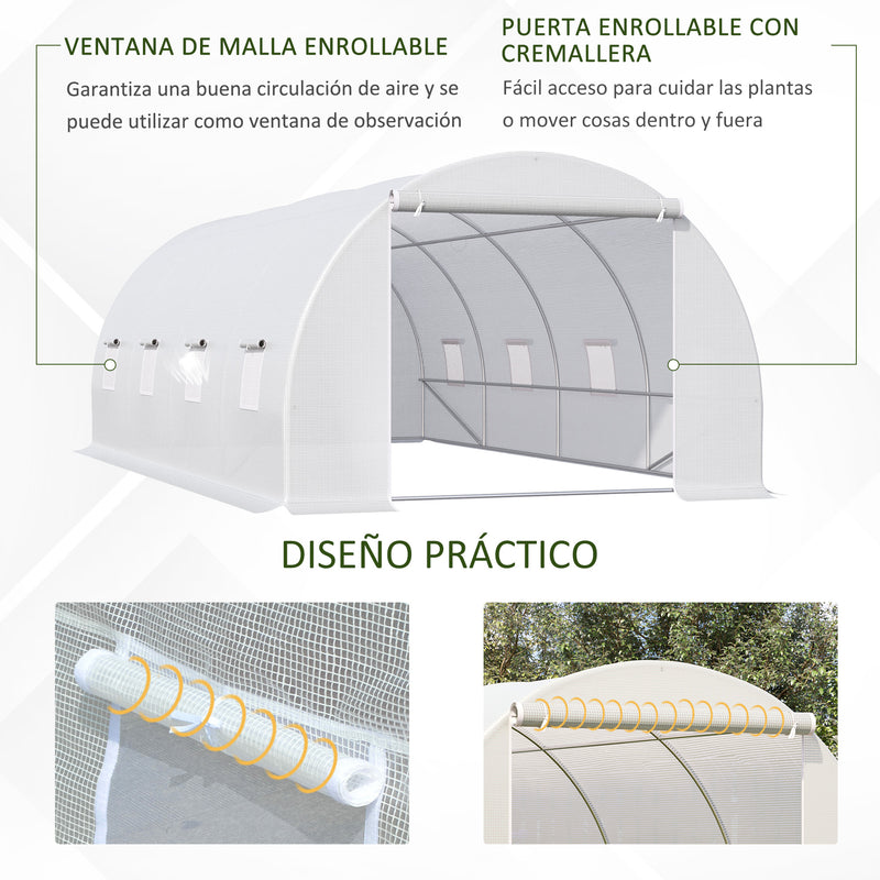 Estufa de jardim Tipo de túnel com 8 janelas e tampa de polietileno 600x300x200 cm Branco