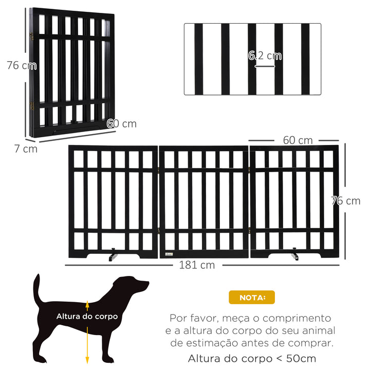 Barreira de Segurança Dobrável para Cães Grade de Madeira para Animais de Estimação de 3 Painéis com Suporte de Pé para Escadas e Portas 181x35x76cm Preto