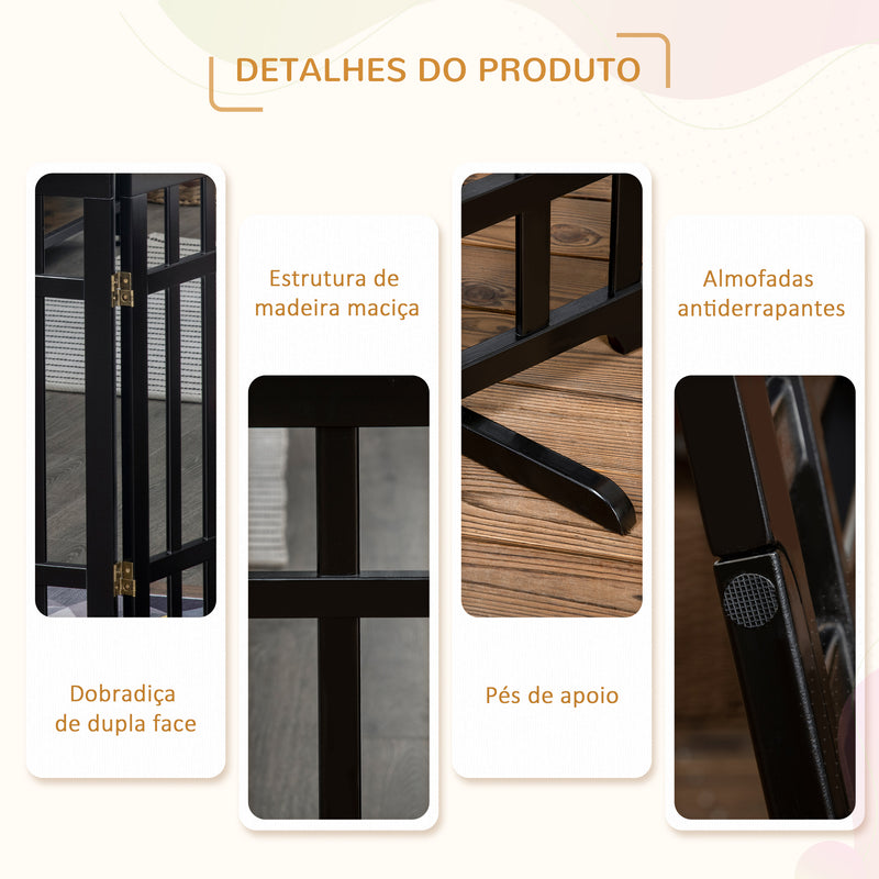 Barreira de Segurança Dobrável para Cães Grade de Madeira para Animais de Estimação de 3 Painéis com Suporte de Pé para Escadas e Portas 181x35x76cm Preto