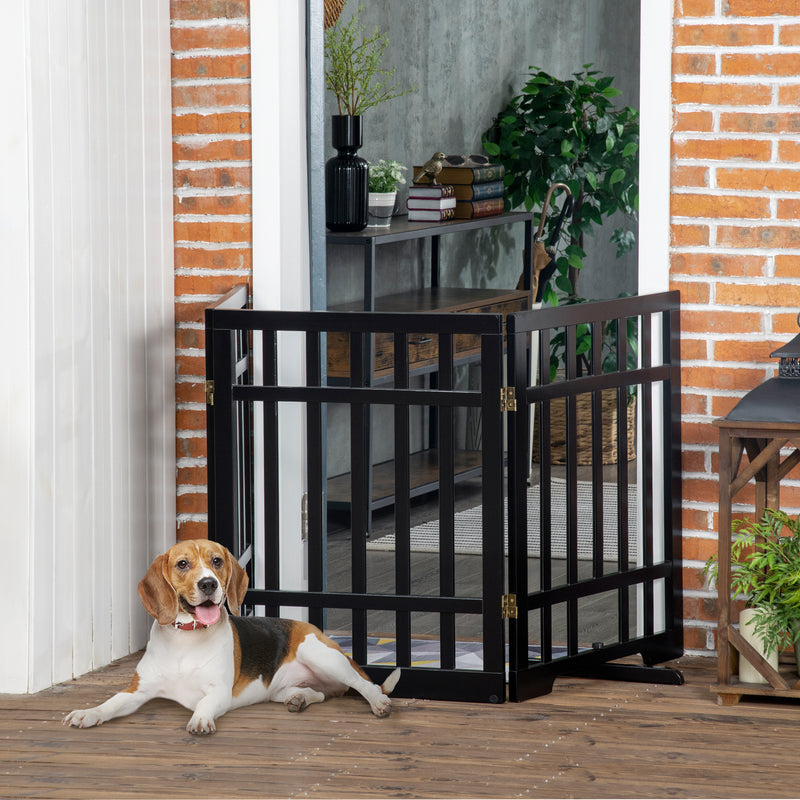 Barreira de Segurança Dobrável para Cães Grade de Madeira para Animais de Estimação de 3 Painéis com Suporte de Pé para Escadas e Portas 181x35x76cm Preto