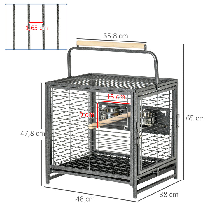 Gaiola para Pássaros Portátil com 2 Poleiros de Madeira Comedouros de Aço Inoxidável e Bandeja Amovível para Periquitos Canários 48x38x47,8 cm Preto
