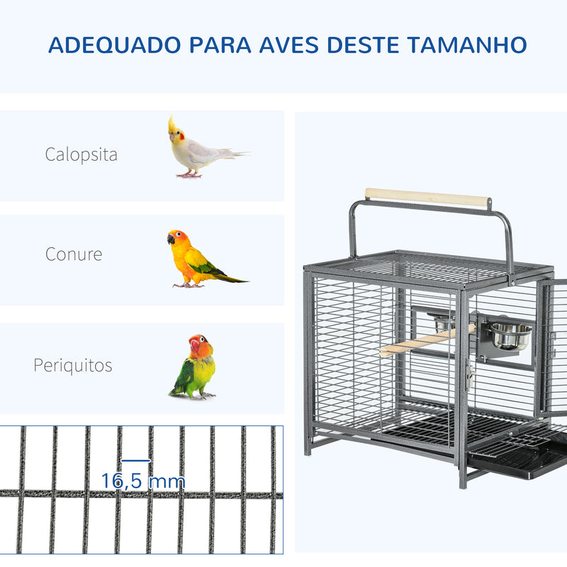 Gaiola para Pássaros Portátil com 2 Poleiros de Madeira Comedouros de Aço Inoxidável e Bandeja Amovível para Periquitos Canários 48x38x47,8 cm Preto