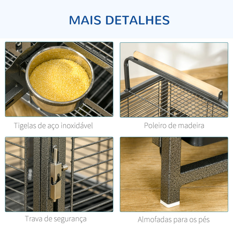 Gaiola para Pássaros Portátil com 2 Poleiros de Madeira Comedouros de Aço Inoxidável e Bandeja Amovível para Periquitos Canários 48x38x47,8 cm Preto