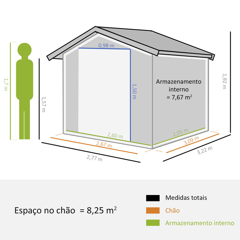 Abrigo de Jardim Exterior Abrigo e Jardim Metálico para Armazenamento de Ferramentas com Base Incluída e 4 Janelas 322x277x192cm Cinza Escuro