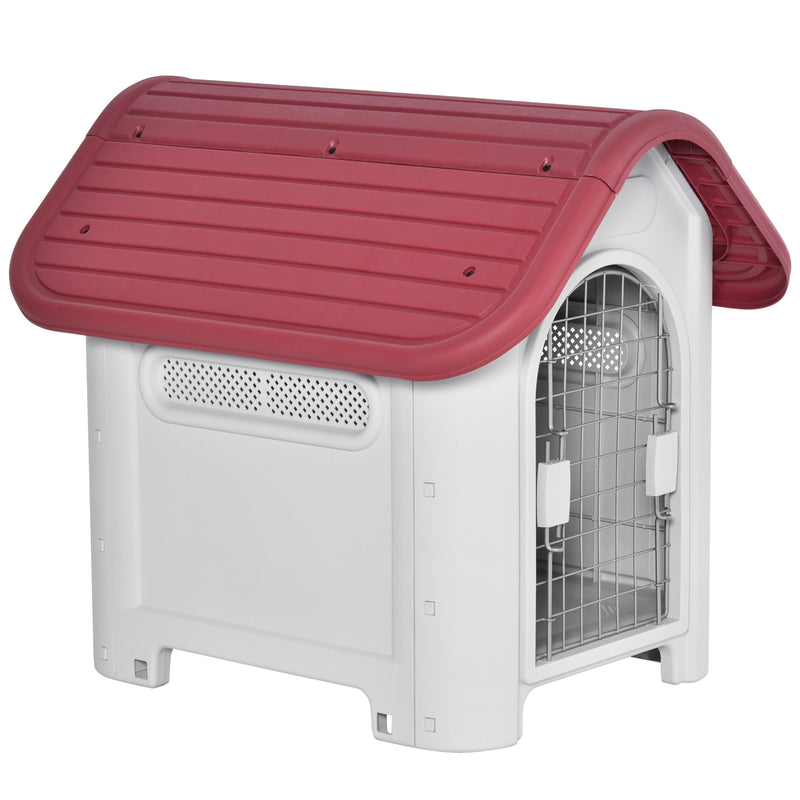 Casota para Cães com Porta Removível Base Elevada 3 Respiradouros e Janela Casota de Cães para Interior e Exterior 59x75x66cm Cinza e Vermelho