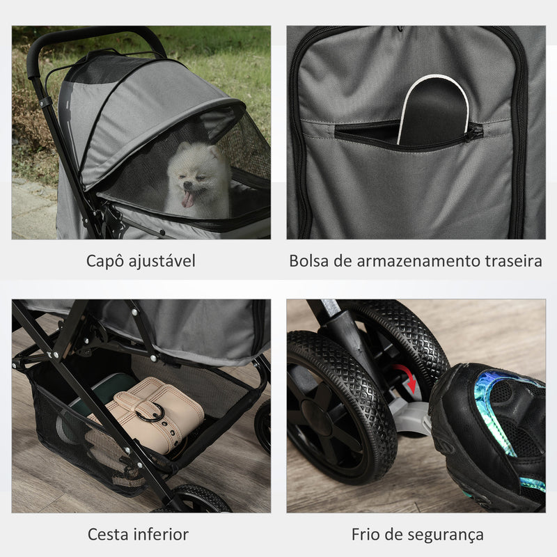 Carrinho para Animais de Estimação Dobrável Carro para Cães e Gatos com Capô Ajustável Cesta de Armazenamento Cinto de Segurança Tecido Oxford 600D Aço 76,5x52x95cm Cinza