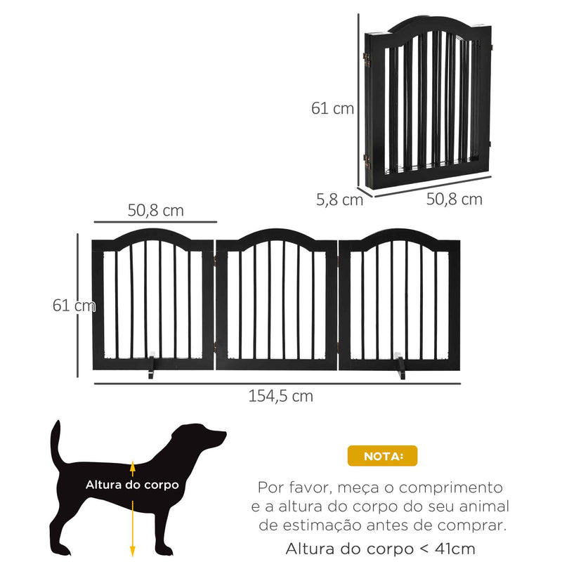 Barreira de Segurança Dobrável para Cães Pequenos Barreira de Proteção para Animais de Estimação com 3 Painéis e 2 Suportes para Portas Escadas Corredores 154,5x29,5x61 cm Preto