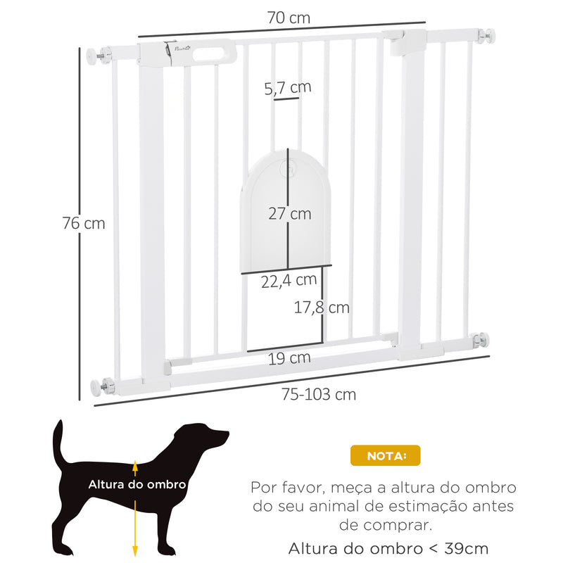 Barreira de Segurança de Cães Animais de Estimação para Escadas e Portas 75-103cm com 2 Extensões Fechamento Automático e Sistema de Duplo Bloqueio Aço Branco