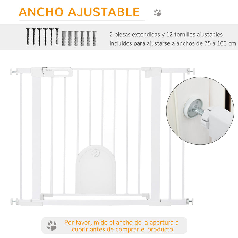 Barreira de Segurança de Cães Animais de Estimação para Escadas e Portas 75-103cm com 2 Extensões Fechamento Automático e Sistema de Duplo Bloqueio Aço Branco