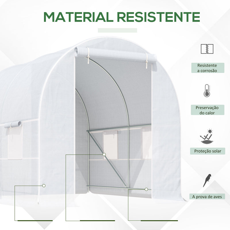 Estufa Tipo Túnel 245x200x200cm Estufa de Jardim com Portas Enroláveis e 4 Janelas Cobertura de PE 140 g/m² Estrutura de Metal para Cultivo de Plantas Verduras Branco