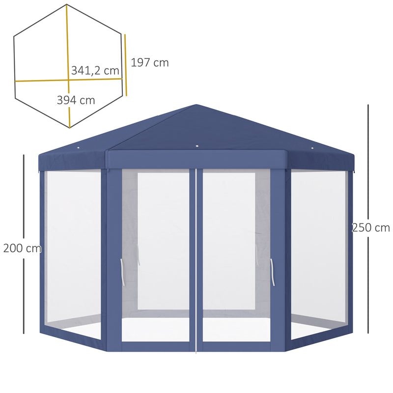 Tenda Hexagonal Tenda de Jardim com Rede Mosquiteira Portas com Zíper e Orifícios de Drenagem para Exterior Varanda 197x250 cm Azul