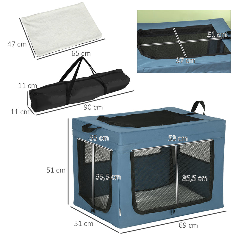 Transportadora para Cães e Gatos Bolsa Portátil e Dobrável para Animais de Estimação Transportadora com 3 Portas e Almofada Suave 69x51x51cm Azul