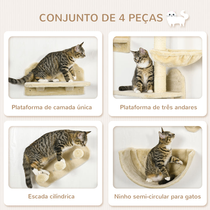 Prateleiras de Escalada para Gatos de Parede Conjunto de Prateleiras para Gatos 4 Peças com Rede Plataforma Semicircular Plataformas de Salto e Poste de Sisal Bege