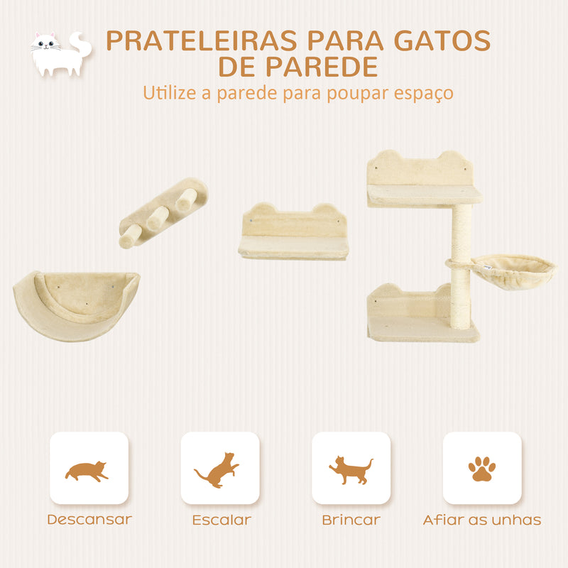 Prateleiras de Escalada para Gatos de Parede Conjunto de Prateleiras para Gatos 4 Peças com Rede Plataforma Semicircular Plataformas de Salto e Poste de Sisal Bege