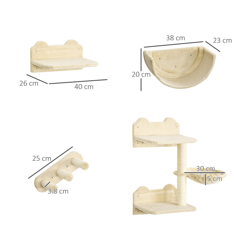 Prateleiras de Escalada para Gatos de Parede Conjunto de Prateleiras para Gatos 4 Peças com Rede Plataforma Semicircular Plataformas de Salto e Poste de Sisal Bege