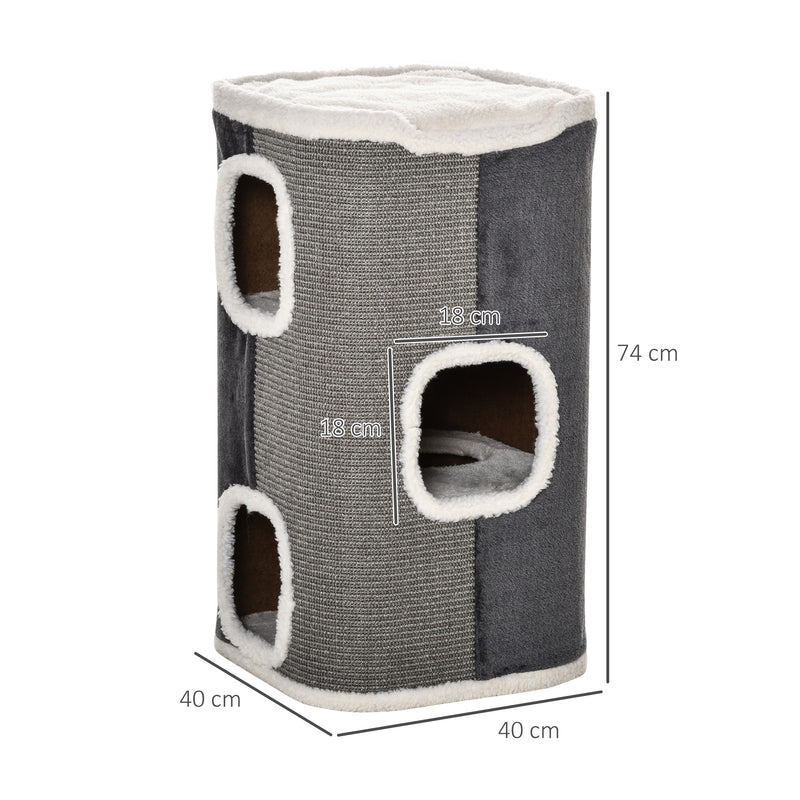 Barril Arranhador para Gatos 74cm de Altura Torre de Escalar com 3 Cavernas de Sisal e Pelúcia Plataforma de Velo 40x40x74cm Cinza