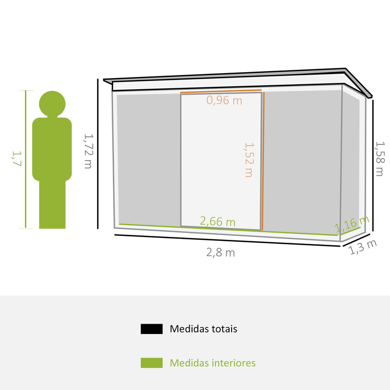 Abrigo de Jardim 280x130x172cm Abrigo de Exterior de Aço Galvanizado com Porta Corredeira e Ventilações para Armazenamento de Ferramentas Verde Claro