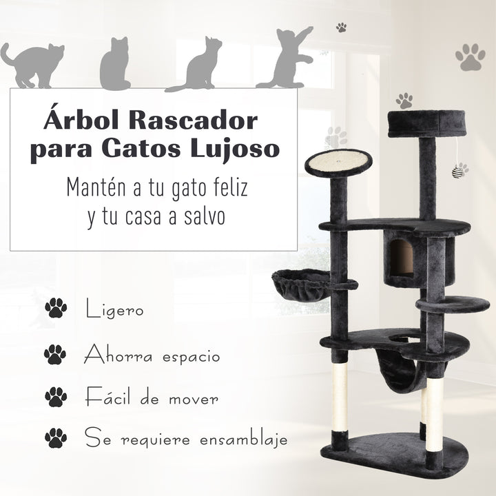 Árvore Arranhador para Gatos Grande Altura 155cm Torre de Escalada para Gatos com Caverna Redes Plataformas Postes Arranhadores de Sisal e Bola Suspensa Cinza Escuro