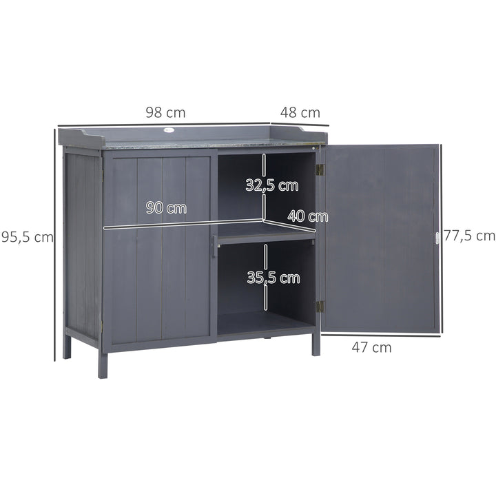 Armário de Jardim de Madeira com Mesa de Plantação Armário de Exterior com 2 Portas com Fechadura Magnética e 2 Prateleiras para Terraço Balcão 98x48x95,5cm Cinza
