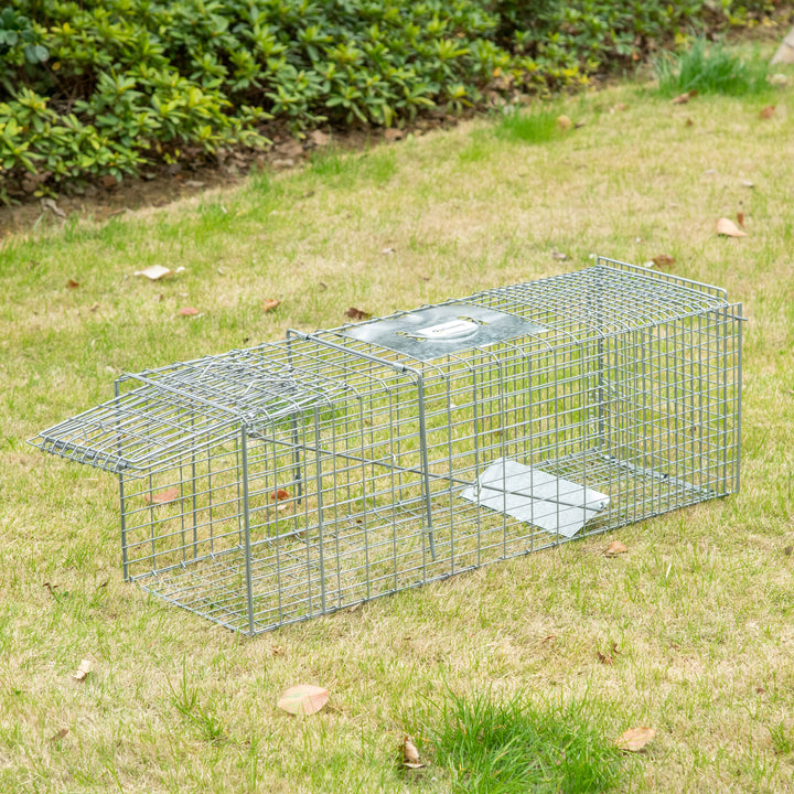 Armadilha para Animais Vivos Dobrável 93x31x34,5 cm Gaiola de Captura com Porta e Alça para Coelhos Roedores Prata