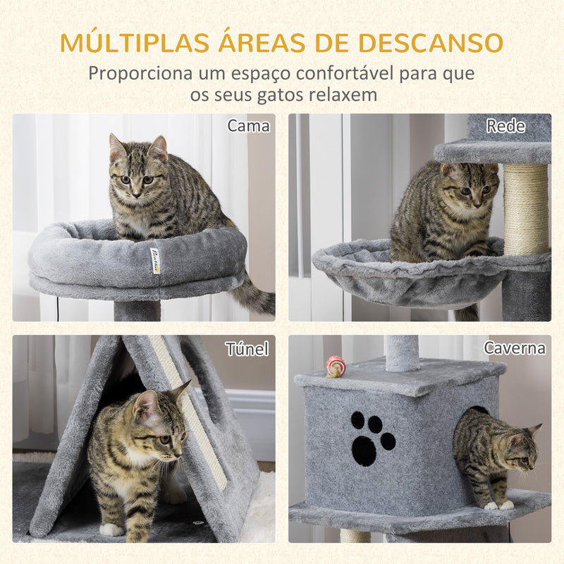 Árvore Arranhador para Gatos Altura 111cm Torre para Gatos com Cama Caverna Rede Bola Suspensa Postes e Rampa de Sisal 50x40x111cm Cinza