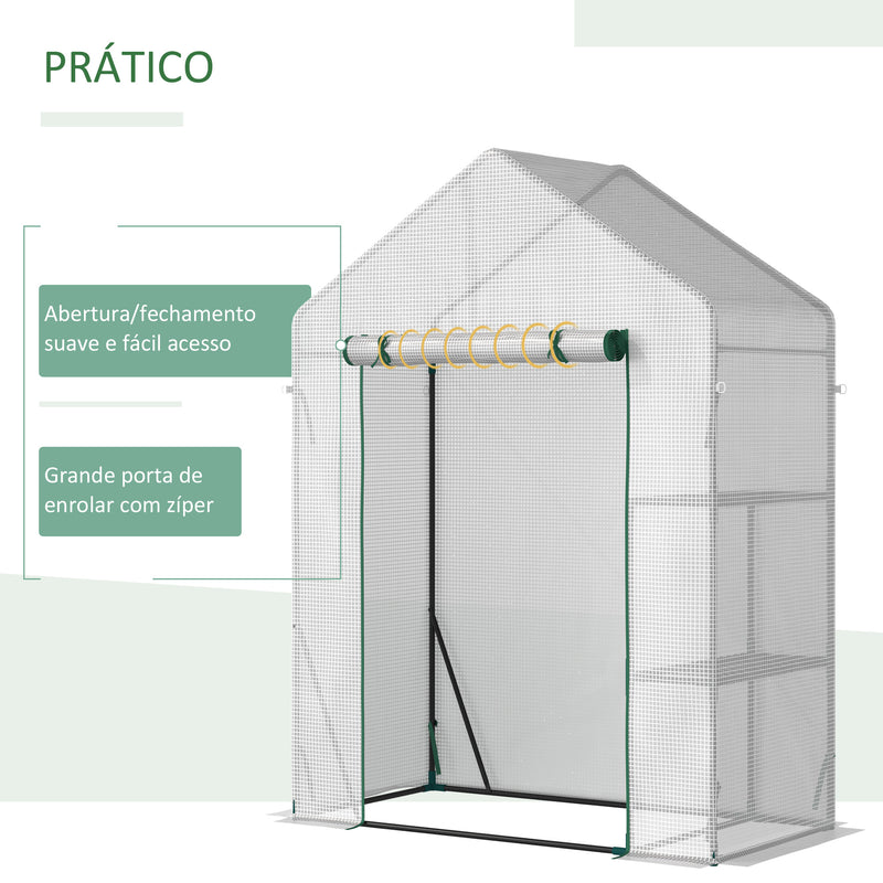 Estufa de Jardim 143x73x195cm Estufa de Aço com 2 Prateleiras e Porta Enrolável para Cultivos de Plantas Vasos de Flores Pátio Exterior Branco