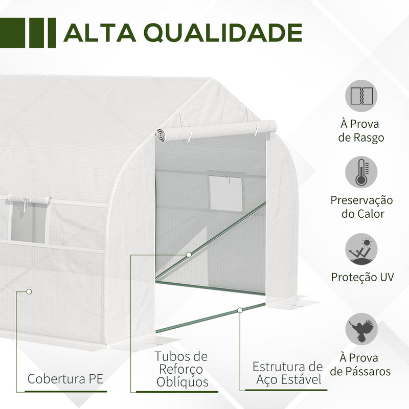 Estufa de jardim tipo túnel com 8 janelas respiráveis e porta de enrolar com zíper de aço 600x300x200 cm Branco