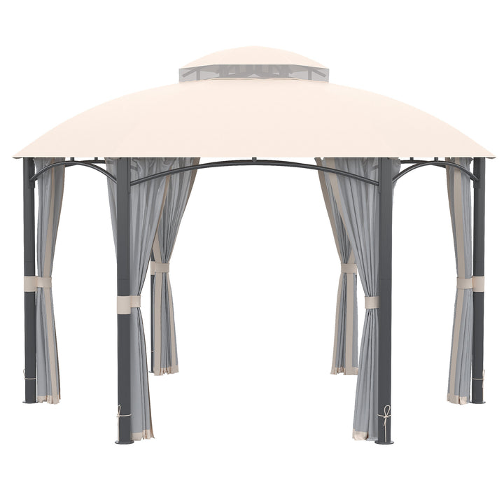 Pérgola de Jardim Hexagonal 4x4m Pérgola de Exterior com Teto Duplo de Ventilação 6 Telas Mosquiteiras com Zíper para Festas Pátio Cáqui