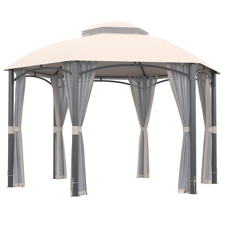 Pérgola de Jardim Hexagonal 4x4m Pérgola de Exterior com Teto Duplo de Ventilação 6 Telas Mosquiteiras com Zíper para Festas Pátio Cáqui