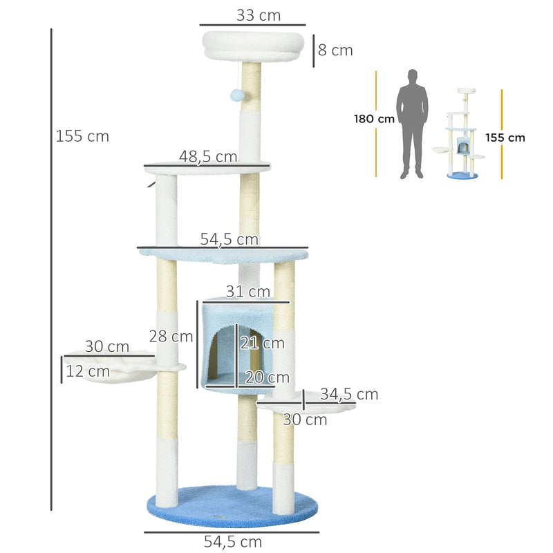 Arranhador para Gatos Grande de 155 cm Torre para Gatos com Postes de Sisal Caverna Cama Rede e Bola de Brinquedo Ø54,5x155 cm Branco e Azul