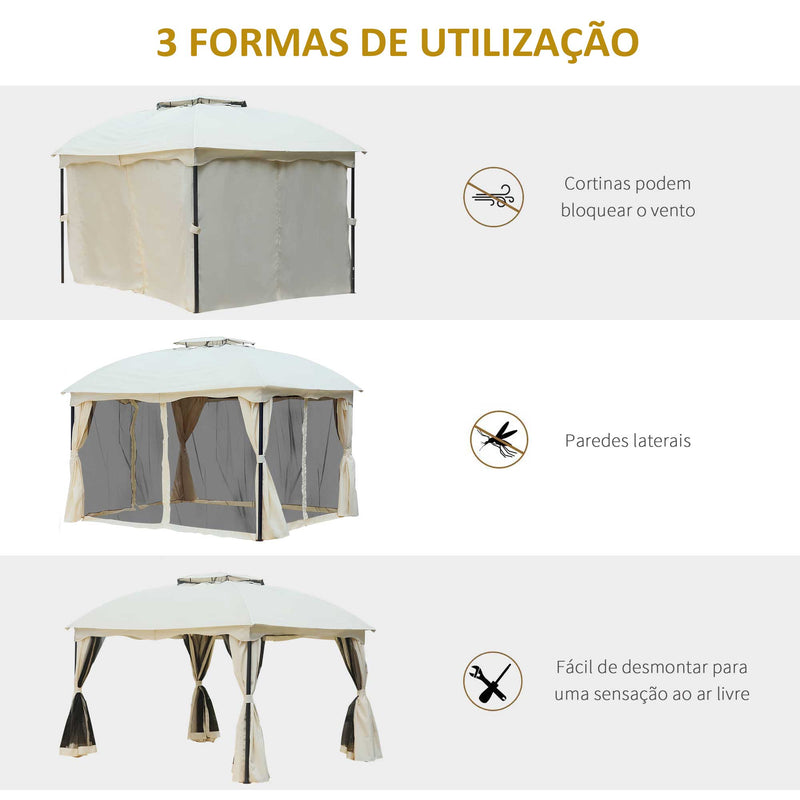 Pavilhão com Tecto Gazebo Pavilhão Exterior 3x3.65x2.75m Carpa de Jardim Marco de Ferro com Parede Lateral e Mosquiteira Cor Creme