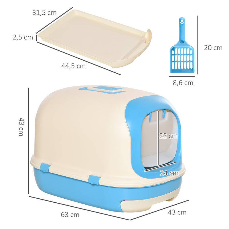 Caixa de Areia para Gatos com Alça de Transporte Duplo Fundo Bandeja Removível Pá e Filtro de Carvão Ativo 63x43x43cm Bege e Azul