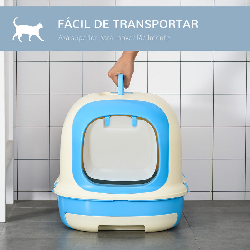 Caixa de Areia para Gatos com Alça de Transporte Duplo Fundo Bandeja Removível Pá e Filtro de Carvão Ativo 63x43x43cm Bege e Azul