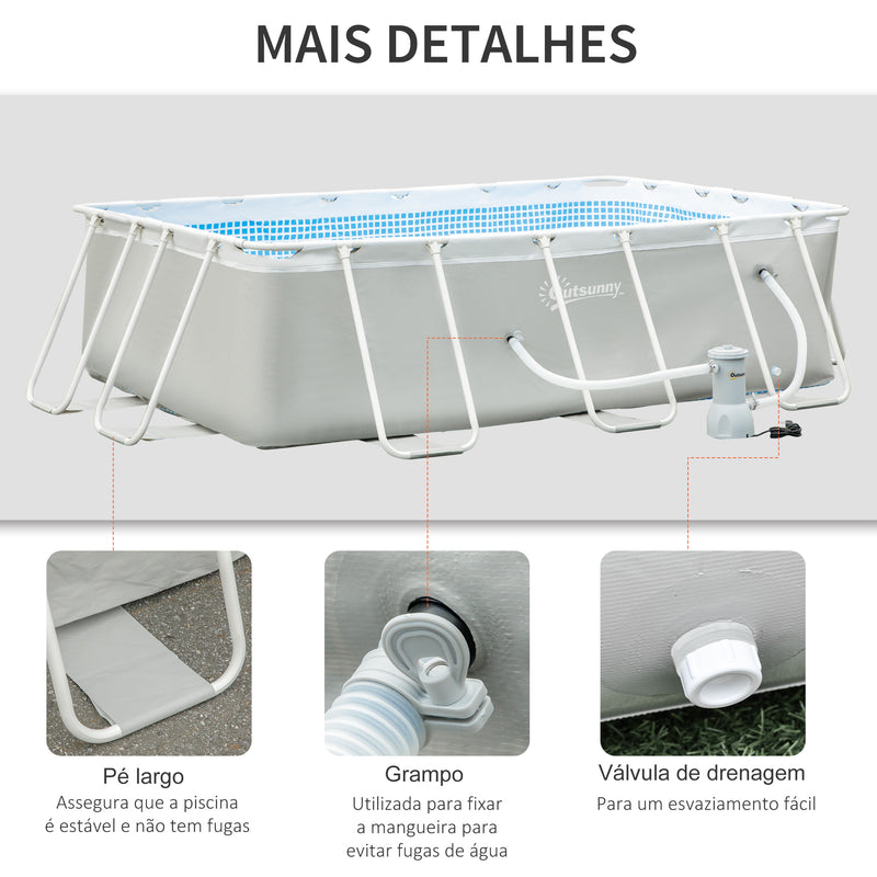 Piscina Desmontável Tubular 340x215x80cm Piscina Retangular de Exterior com Purificador 4.000L/H Mangueiras de Comprimento 100cm e Estrutura de Aço 4200L Cinza