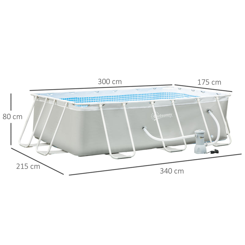 Piscina Desmontável Tubular 340x215x80cm Piscina Retangular de Exterior com Purificador 4.000L/H Mangueiras de Comprimento 100cm e Estrutura de Aço 4200L Cinza