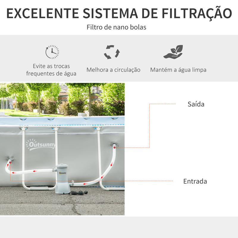 Piscina Desmontável Tubular 340x215x80cm Piscina Retangular de Exterior com Purificador 4.000L/H Mangueiras de Comprimento 100cm e Estrutura de Aço 4200L Cinza