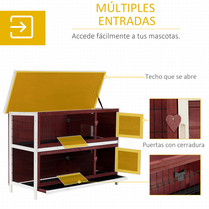 Coelheira de Madeira Exterior de 2 Níveis Gaiola para Coelhos com Teto Asfáltico 4 Portas e Bandejas Removíveis 136x50x93cm Marrom Avermelhado