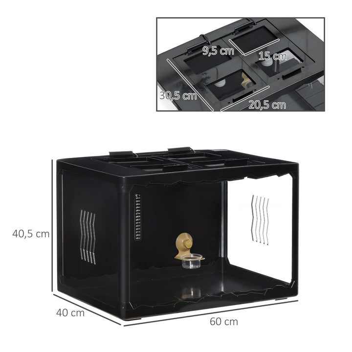 Terrário para Reptéis Terrário para Insetos de Acrílico com Comedouro Termômetro 2 Suportes para Lâmpada E27 e Interruptor para Largato Camaleão 60x40x40,5cm Preto